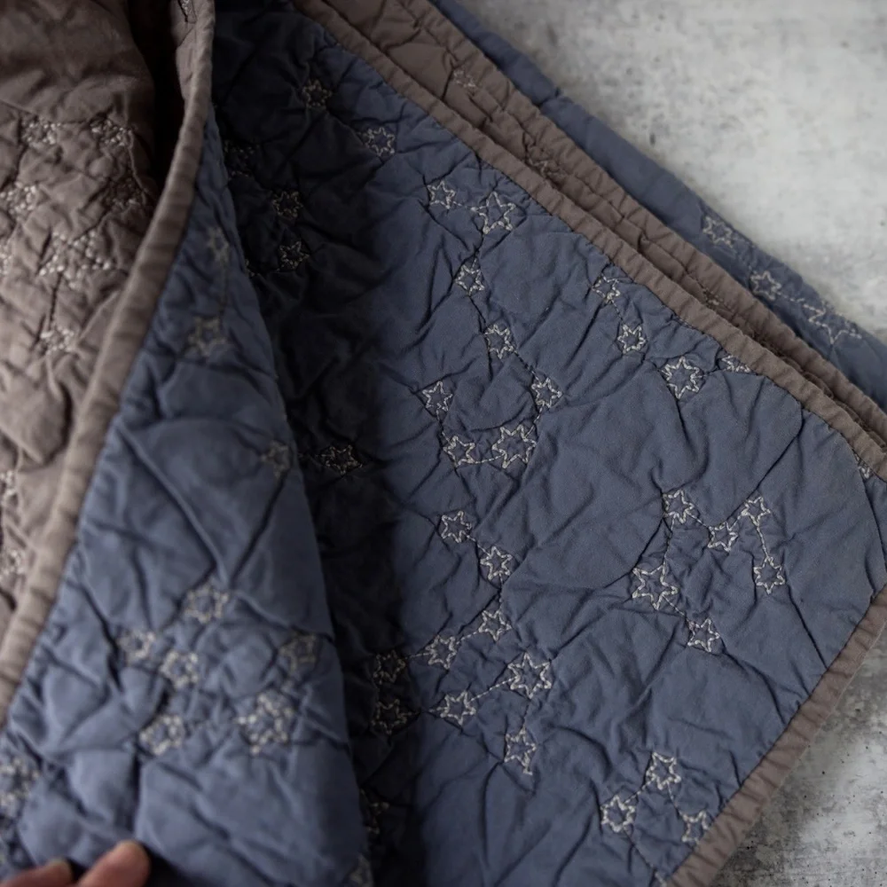 Restoration Hardware Baby Child Cotton Gray Blue Quilt Nursery Blanket Stars